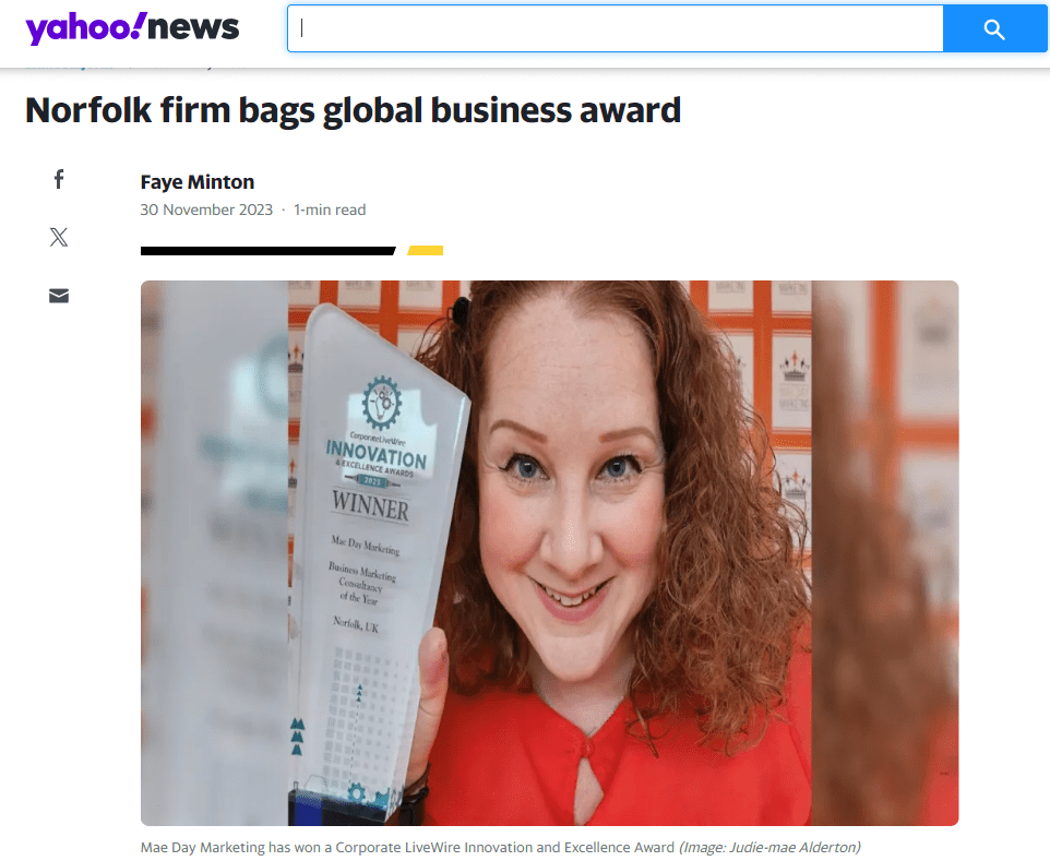 Mae Day Marketing's award win is featured on Yahoo! News